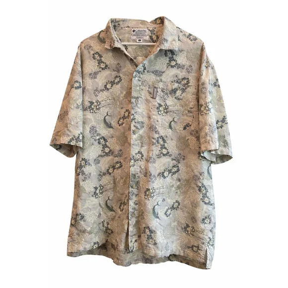 Columbia Hawaiian Fish Print Button Up Shirt Mens Large Linen Blend Tropical - Picture 2 of 5